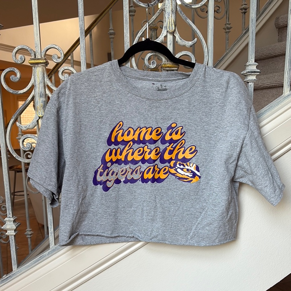 Champion Gray Crop Top with Purple and Gold Print